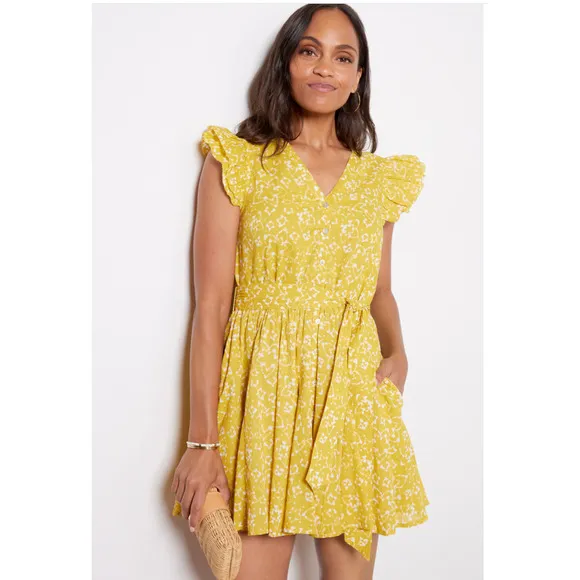 CLEOBELLA NWT Zia Organic CottonRuffle Tie Waist Mini Dress in Mustard // S