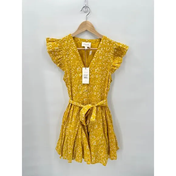 CLEOBELLA NWT Zia Organic CottonRuffle Tie Waist Mini Dress in Mustard // S