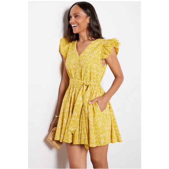 CLEOBELLA NWT Zia Organic CottonRuffle Tie Waist Mini Dress in Mustard // S