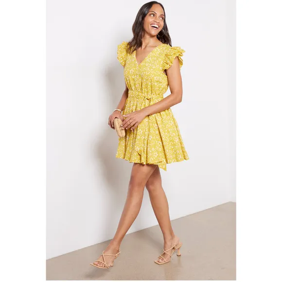 CLEOBELLA NWT Zia Organic CottonRuffle Tie Waist Mini Dress in Mustard // S