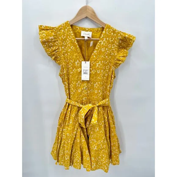 CLEOBELLA NWT Zia Organic CottonRuffle Tie Waist Mini Dress in Mustard // S