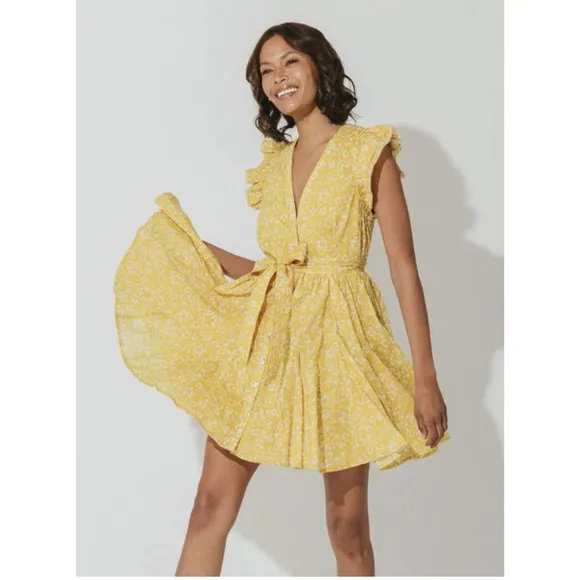 CLEOBELLA NWT Zia Organic CottonRuffle Tie Waist Mini Dress in Mustard // S