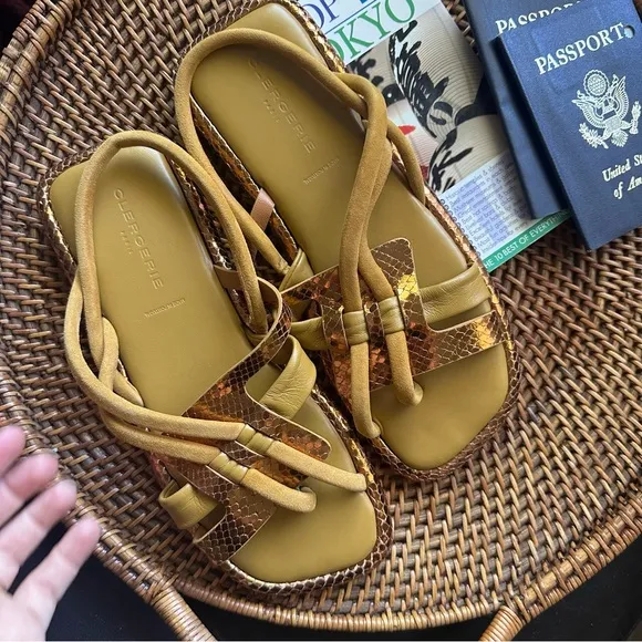 Clergerie Paris “Edas” Strappy Metallic Leather Suede Designer Sandal Size 39.5