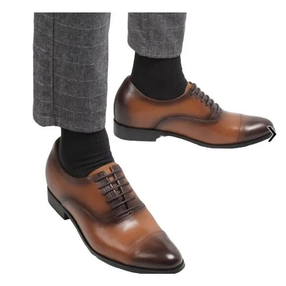 CMR CHAMARIPA Brown Leather Elevator Dress Shoes To Add Height Classic Shoes For