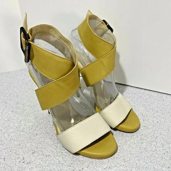 C.N.C. Costume National High Heel Strappy Sandals Cream &amp; Sage Green Leather