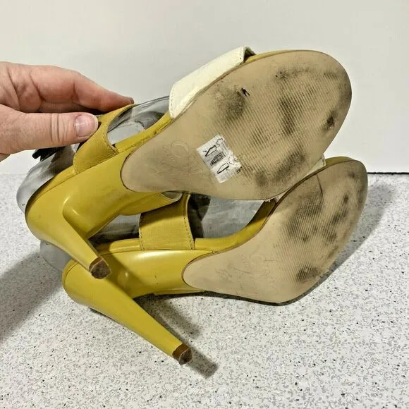 C.N.C. Costume National High Heel Strappy Sandals Cream &amp; Sage Green Leather