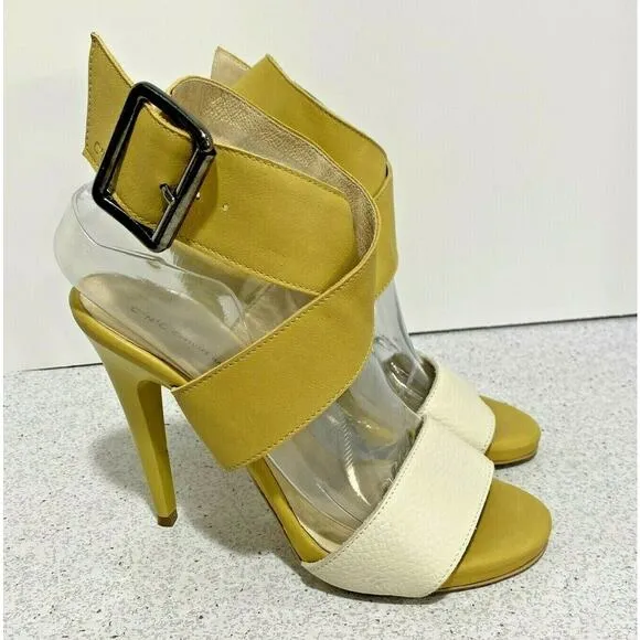 C.N.C. Costume National High Heel Strappy Sandals Cream &amp; Sage Green Leather