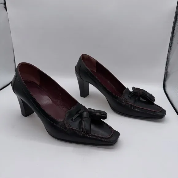 Coach Camellia Tassel US Size 6.5 B Pumps Block Heel Black Leather Shoes VTG EUC