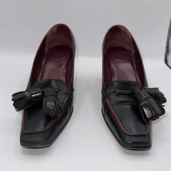 Coach Camellia Tassel US Size 6.5 B Pumps Block Heel Black Leather Shoes VTG EUC