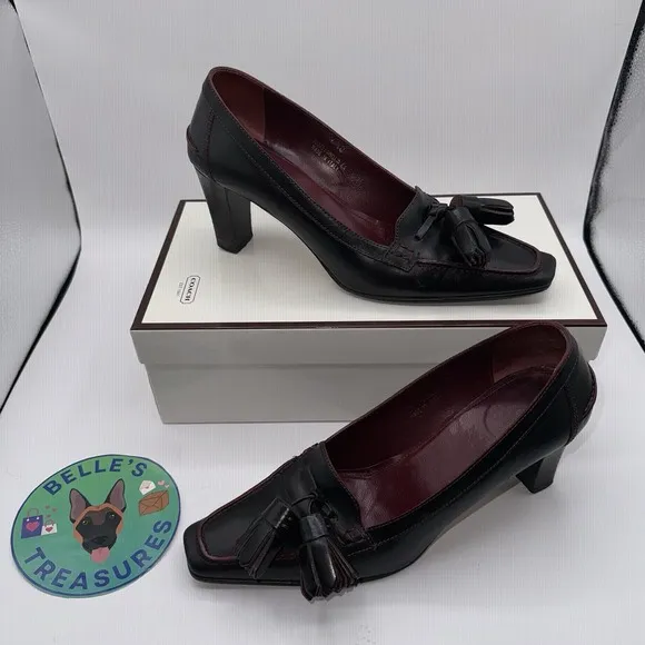 Coach Camellia Tassel US Size 6.5 B Pumps Block Heel Black Leather Shoes VTG EUC
