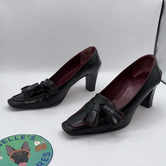 Coach Camellia Tassel US Size 6.5 B Pumps Block Heel Black Leather Shoes VTG EUC