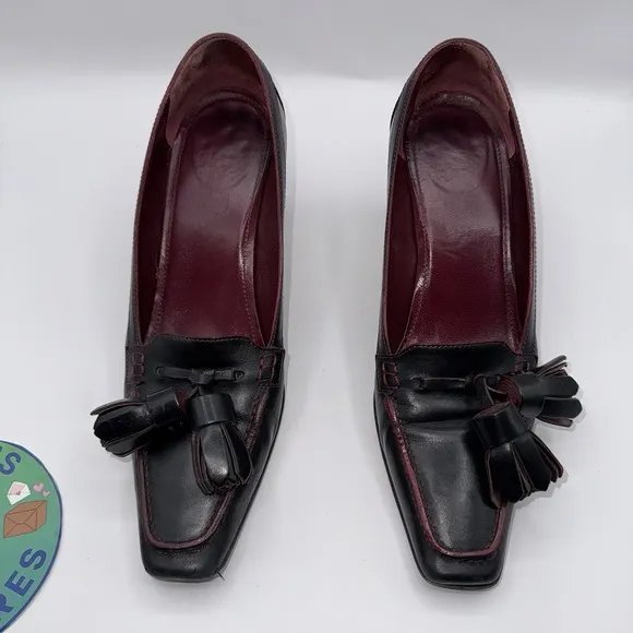 Coach Camellia Tassel US Size 6.5 B Pumps Block Heel Black Leather Shoes VTG EUC