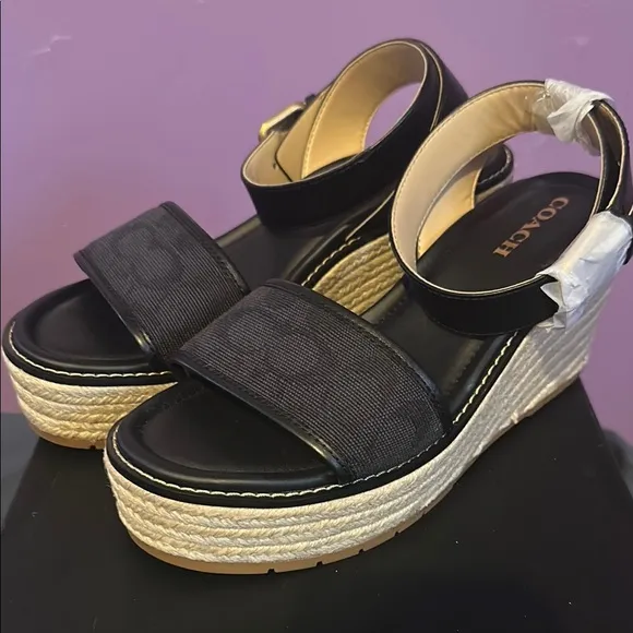 Coach Katherine Denim Espadrille Black Wedge Sandals