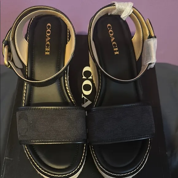 Coach Katherine Denim Espadrille Black Wedge Sandals