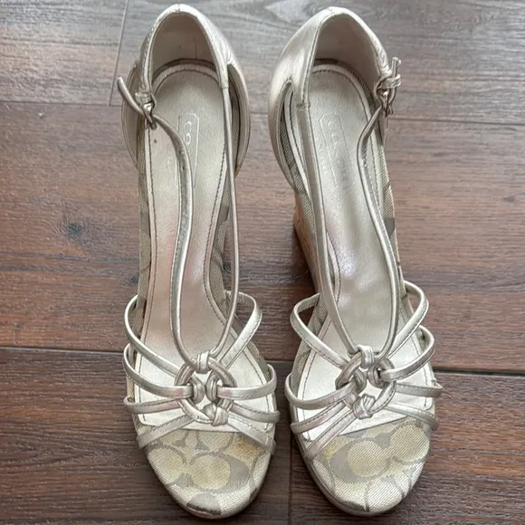 Coach Pre Owned Silver leather Strappy Wedge Sandals few light scratches.