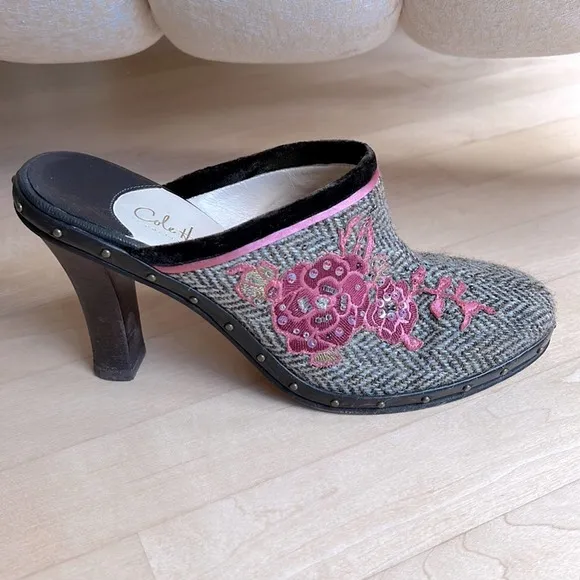 Cole Haan Beaded Wool Tweed Clog Mules