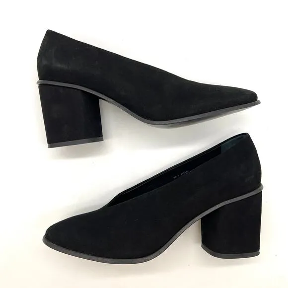 COS Chunky Heel Pumps Womens 7 Black Suede Leather Block Heel Almond Toe Shoes