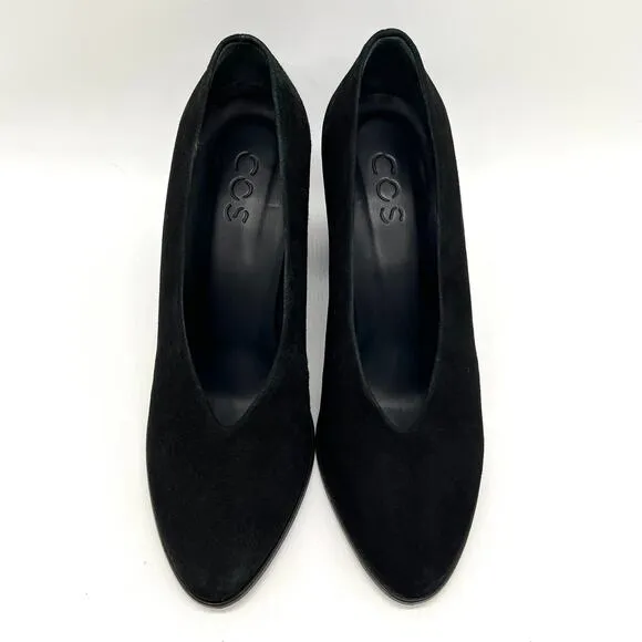 COS Chunky Heel Pumps Womens 7 Black Suede Leather Block Heel Almond Toe Shoes