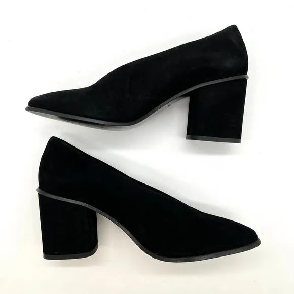 COS Chunky Heel Pumps Womens 7 Black Suede Leather Block Heel Almond Toe Shoes