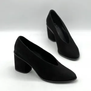 COS Chunky Heel Pumps Womens 7 Black Suede Leather Block Heel Almond Toe Shoes
