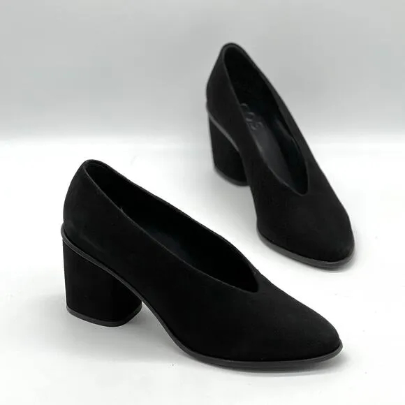 COS Chunky Heel Pumps Womens 7 Black Suede Leather Block Heel Almond Toe Shoes