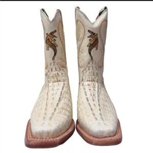 Crocodile Leather Children’s Cowboy Boots White Embroidered Mexican Sz 4 Shoes