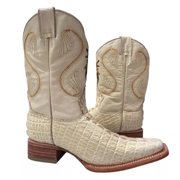 Crocodile Leather Children’s Cowboy Boots White Embroidered Mexican Sz 4 Shoes