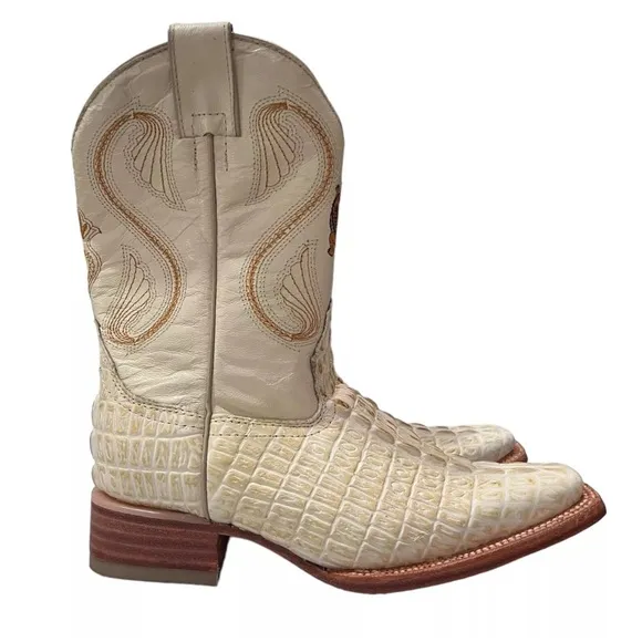 Crocodile Leather Children’s Cowboy Boots White Embroidered Mexican Sz 4 Shoes