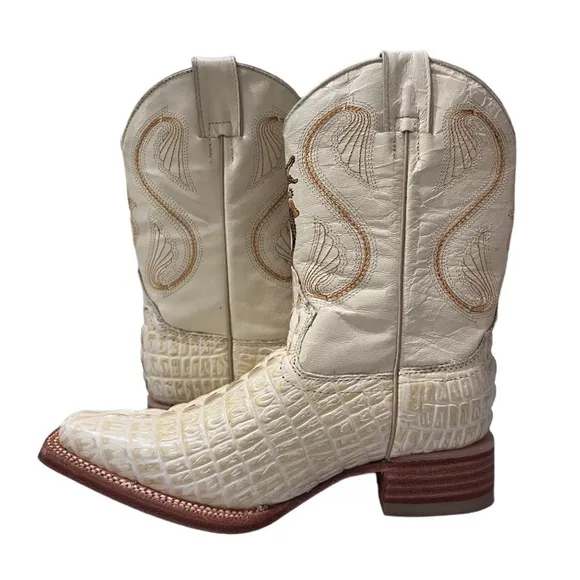 Crocodile Leather Children’s Cowboy Boots White Embroidered Mexican Sz 4 Shoes