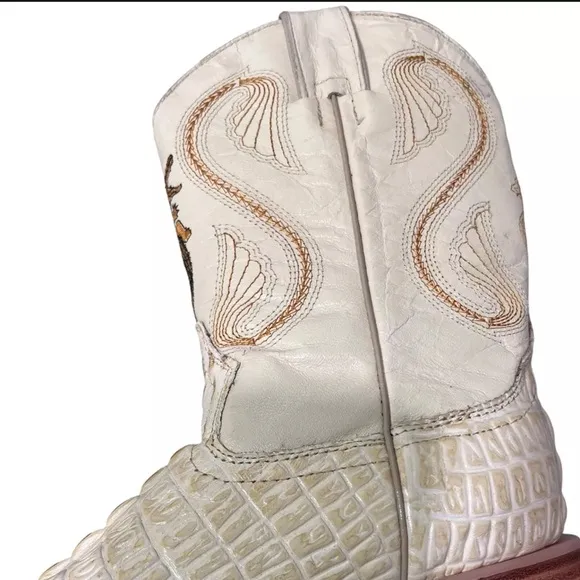 Crocodile Leather Children’s Cowboy Boots White Embroidered Mexican Sz 4 Shoes