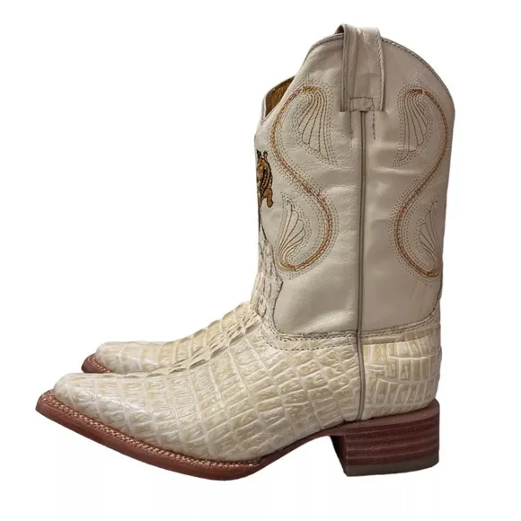 Crocodile Leather Children’s Cowboy Boots White Embroidered Mexican Sz 4 Shoes