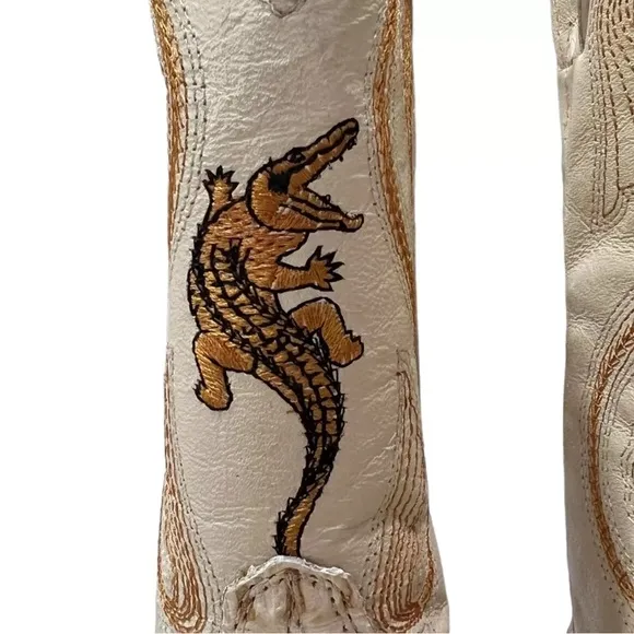 Crocodile Leather Children’s Cowboy Boots White Embroidered Mexican Sz 4 Shoes