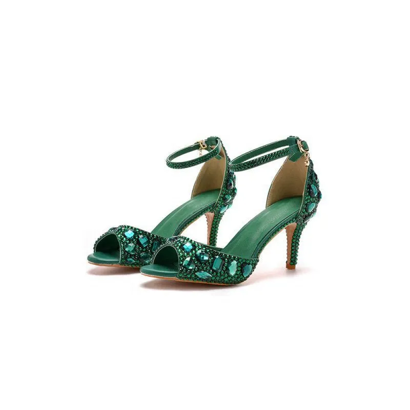 Crystal Rhinestone Peep Toe High Heels Ankle Strap Sandals