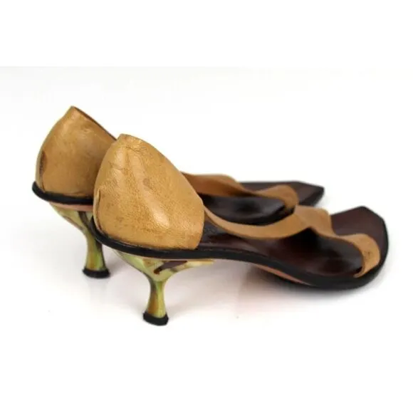 CYDWOQ TAN BROWN GENUINE LEATHER LOW HEEL OPEN TOE SLINGBACK SHOES Sz 38.5