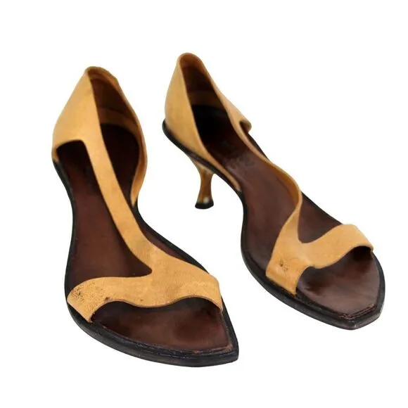 CYDWOQ TAN BROWN GENUINE LEATHER LOW HEEL OPEN TOE SLINGBACK SHOES Sz 38.5
