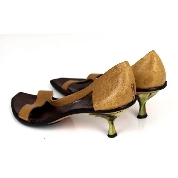 CYDWOQ TAN BROWN GENUINE LEATHER LOW HEEL OPEN TOE SLINGBACK SHOES Sz 38.5