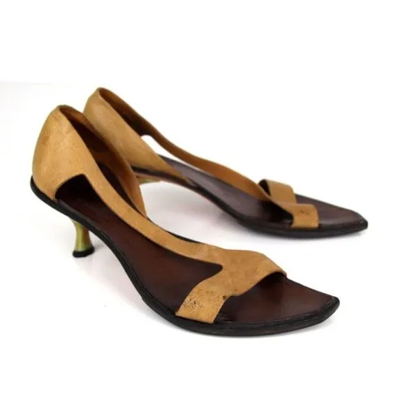 CYDWOQ TAN BROWN GENUINE LEATHER LOW HEEL OPEN TOE SLINGBACK SHOES Sz 38.5