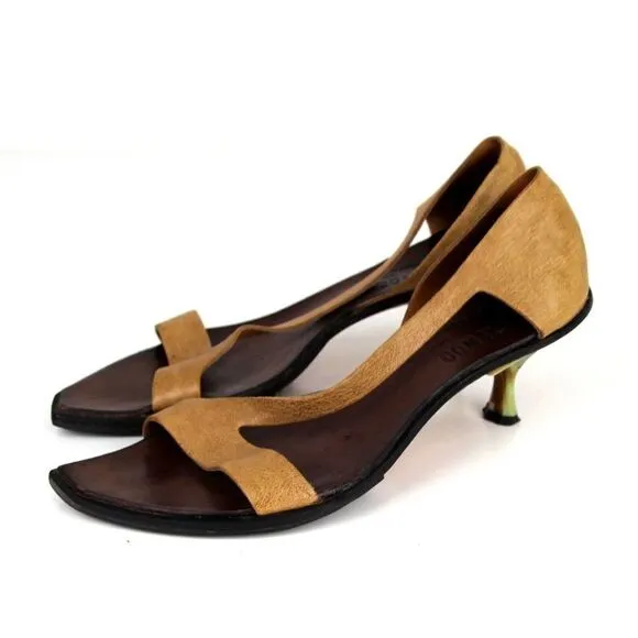 CYDWOQ TAN BROWN GENUINE LEATHER LOW HEEL OPEN TOE SLINGBACK SHOES Sz 38.5