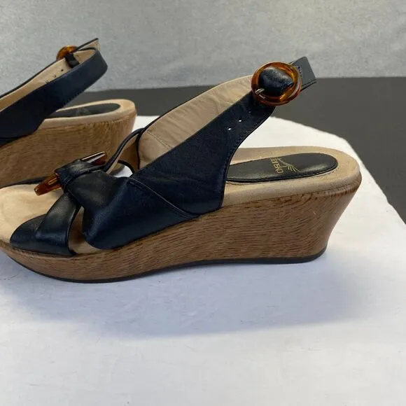 Dansko Sandals Womens Size 37 Black Leather Comfort Strappy Wedge Heels Strappy