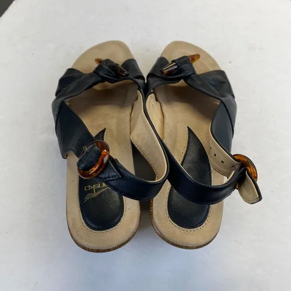 Dansko Sandals Womens Size 37 Black Leather Comfort Strappy Wedge Heels Strappy