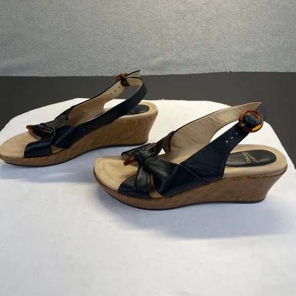 Dansko Sandals Womens Size 37 Black Leather Comfort Strappy Wedge Heels Strappy