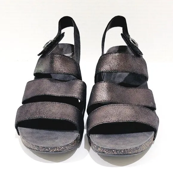 Dansko Stacey Wedge Strappy Sandals Womens 39 8.5 9 Graphite Black Leather Heels