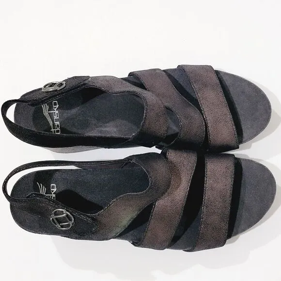 Dansko Stacey Wedge Strappy Sandals Womens 39 8.5 9 Graphite Black Leather Heels
