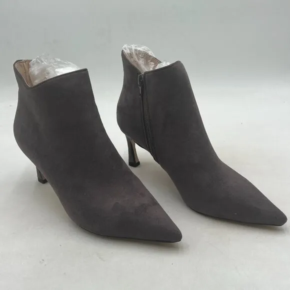 Dark Grey Mid Heel Ankle Boots Pointed Toe Side Zipper Prom Party Short Bootie