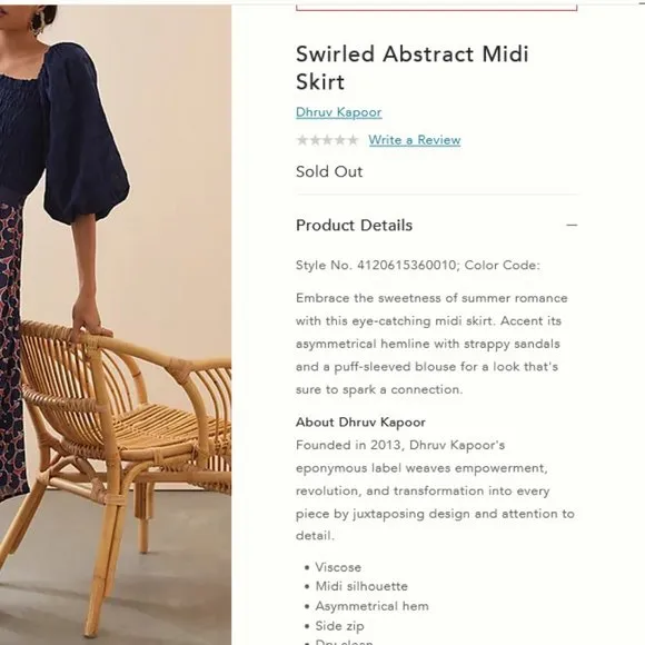 Dhruv Kapoor Anthropologie S NWT Swirled Abstract handkerchief Midi Skirt 170$