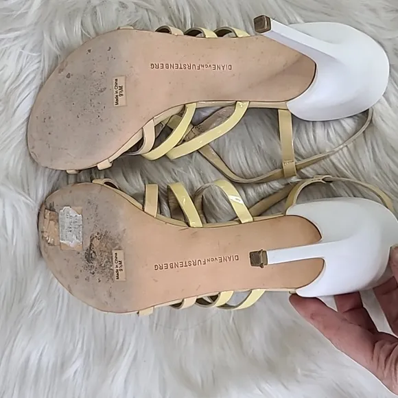 Diane von Furstenberg High Heel Sandals Size 9.5 Beige Patent Leather Sexy Shoes