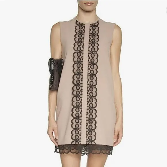 Dina Agam Anthropologie Old Rose Pink Crepe Black Lace Sleeveless Shift Dress L