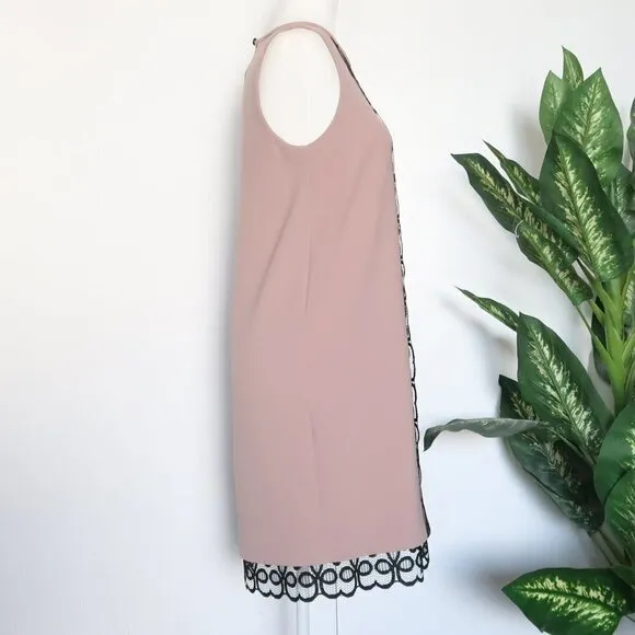 Dina Agam Anthropologie Old Rose Pink Crepe Black Lace Sleeveless Shift Dress S