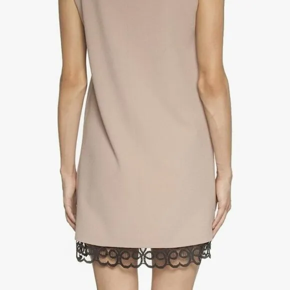 Dina Agam Anthropologie Old Rose Pink Crepe Black Lace Sleeveless Shift Dress S