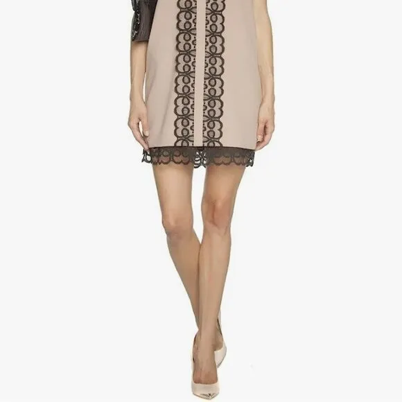 Dina Agam Anthropologie Old Rose Pink Crepe Black Lace Sleeveless Shift Dress S